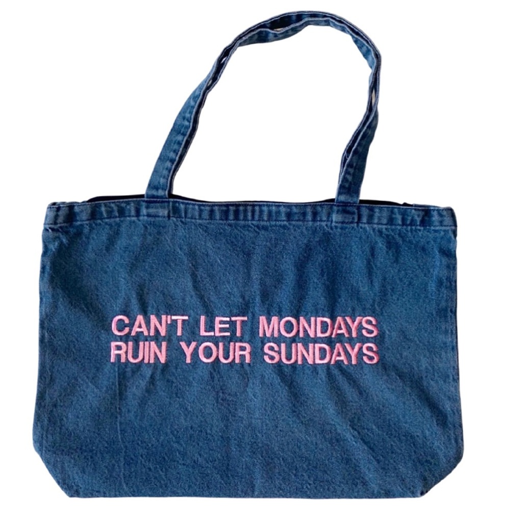 Denim tote bag with light pink embroidery